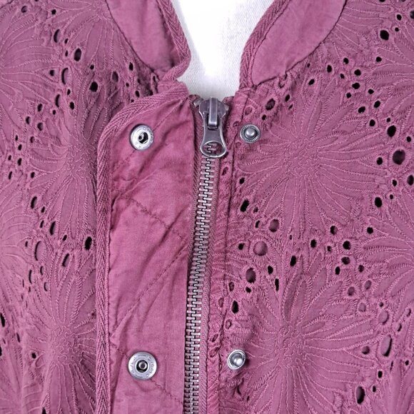 Free People Daisy Jane Size Medium Embroidered Eyelet Bomber Jacket Raspberry - Picture 4 of 16